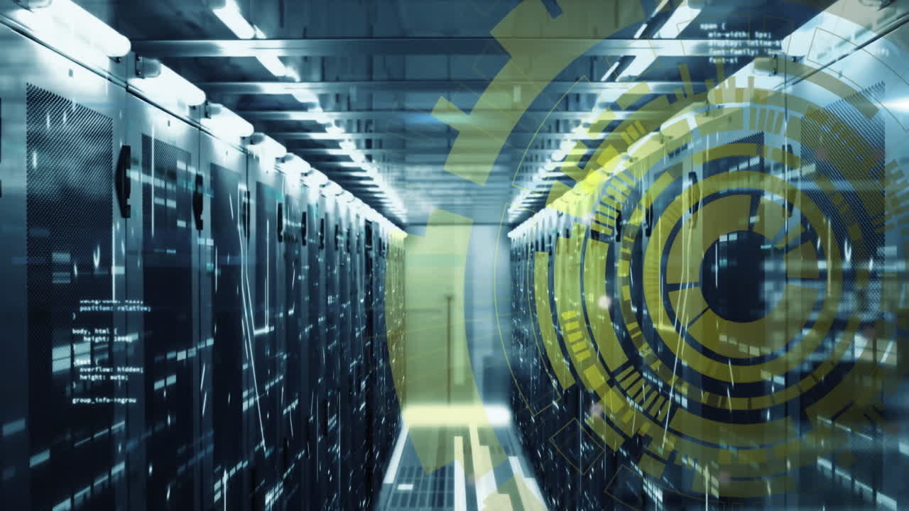 animación de círculos de carga y lenguaje informático sobre barras en bastidores de servidores de datos