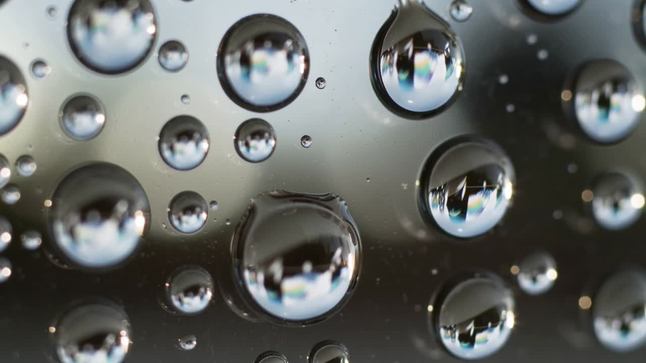 Gruppo di goccioline in movimento che mostra riflessi e perle che si fondono su un vetro, che si allunga in alto a destra.
