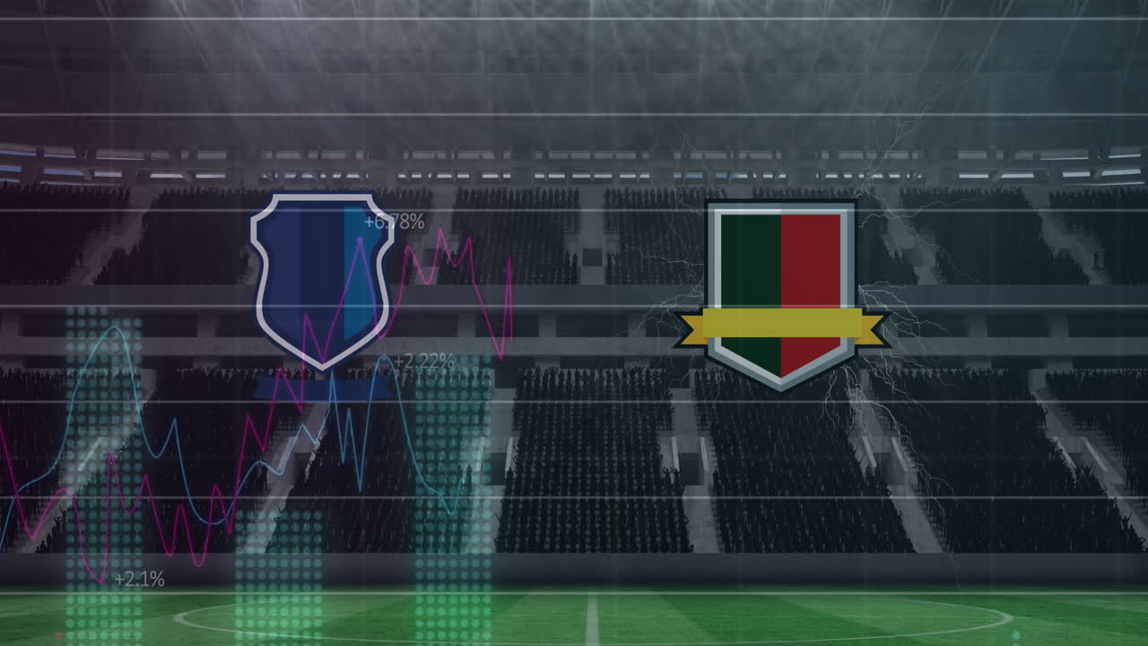 팀  ⁇ 블럼의 애니메이션과 스포츠 경기장 위의 파란 그래프에 대한 데이터 처리