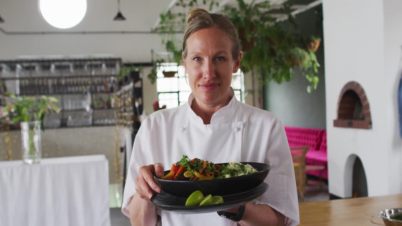 cocinera caucásica preparando un plato y sonriendo en una cocina