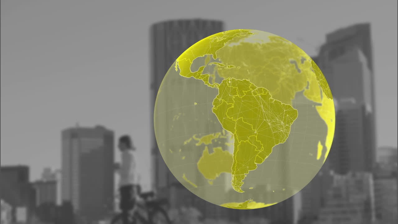 Animation of globe over caucasian businessman in city