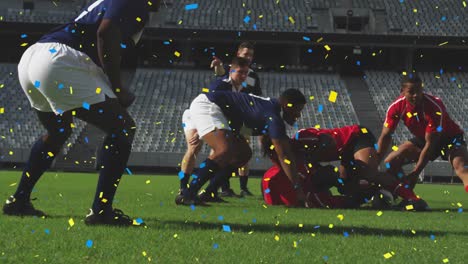 animation of confetti falling over diverse male rugby players at stadium