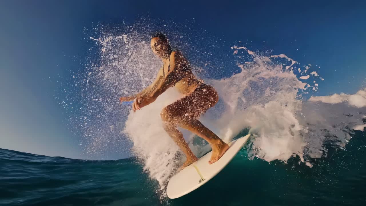 Dynamisk videobilde av en surfer som rir på en bølge, tatt fra en lav vinkel, som viser spenningen.