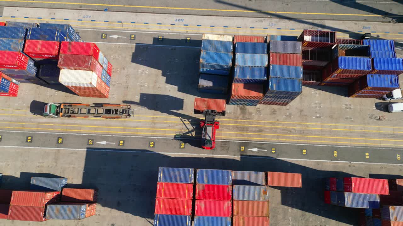 Seen from above a forklift unloading containers from a truck at a container terminal in Lisbon,Portugal