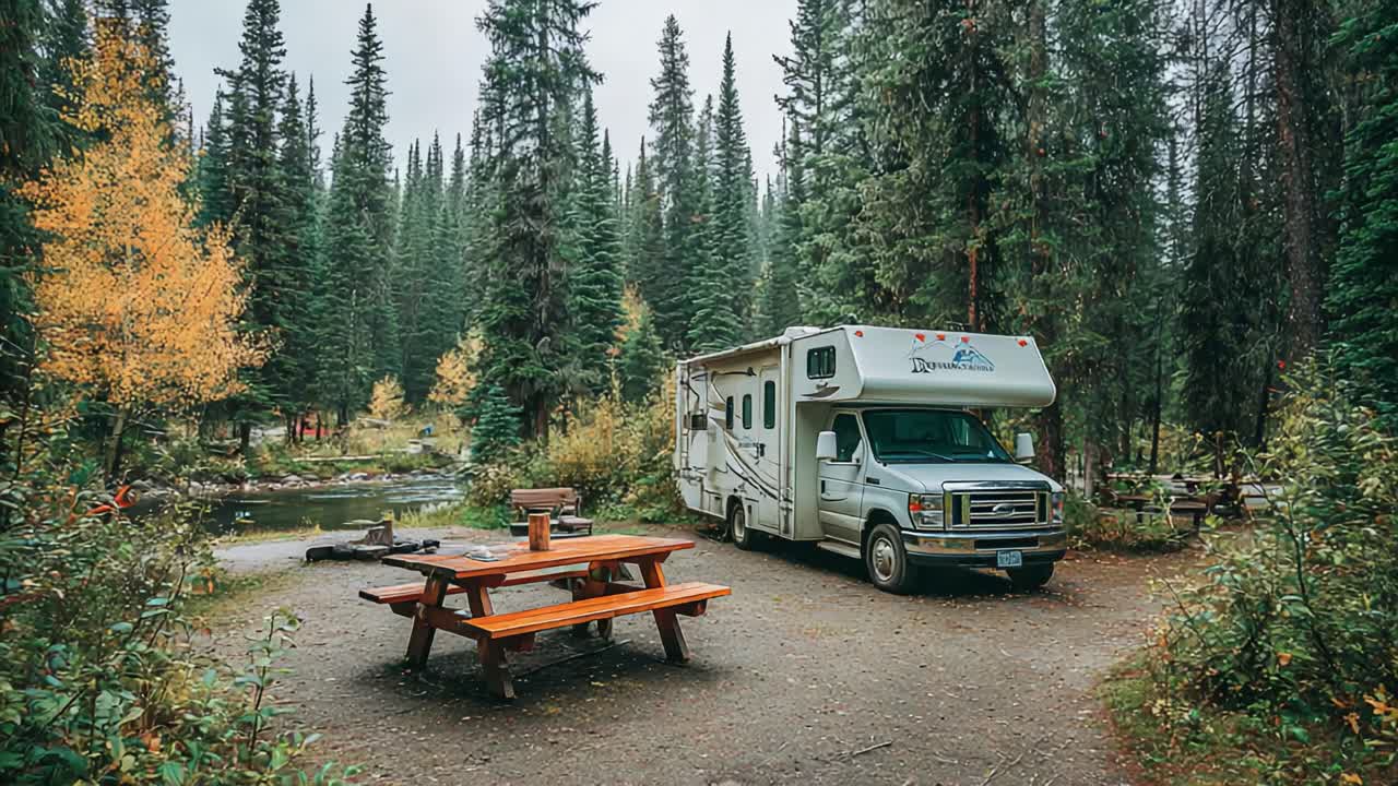Serene Camping Experience: A Cozy RV Surrounded by Majestic Pines and Vibrant Autumn Foliage Near a Tranquil Stream in Nature's Embrace
