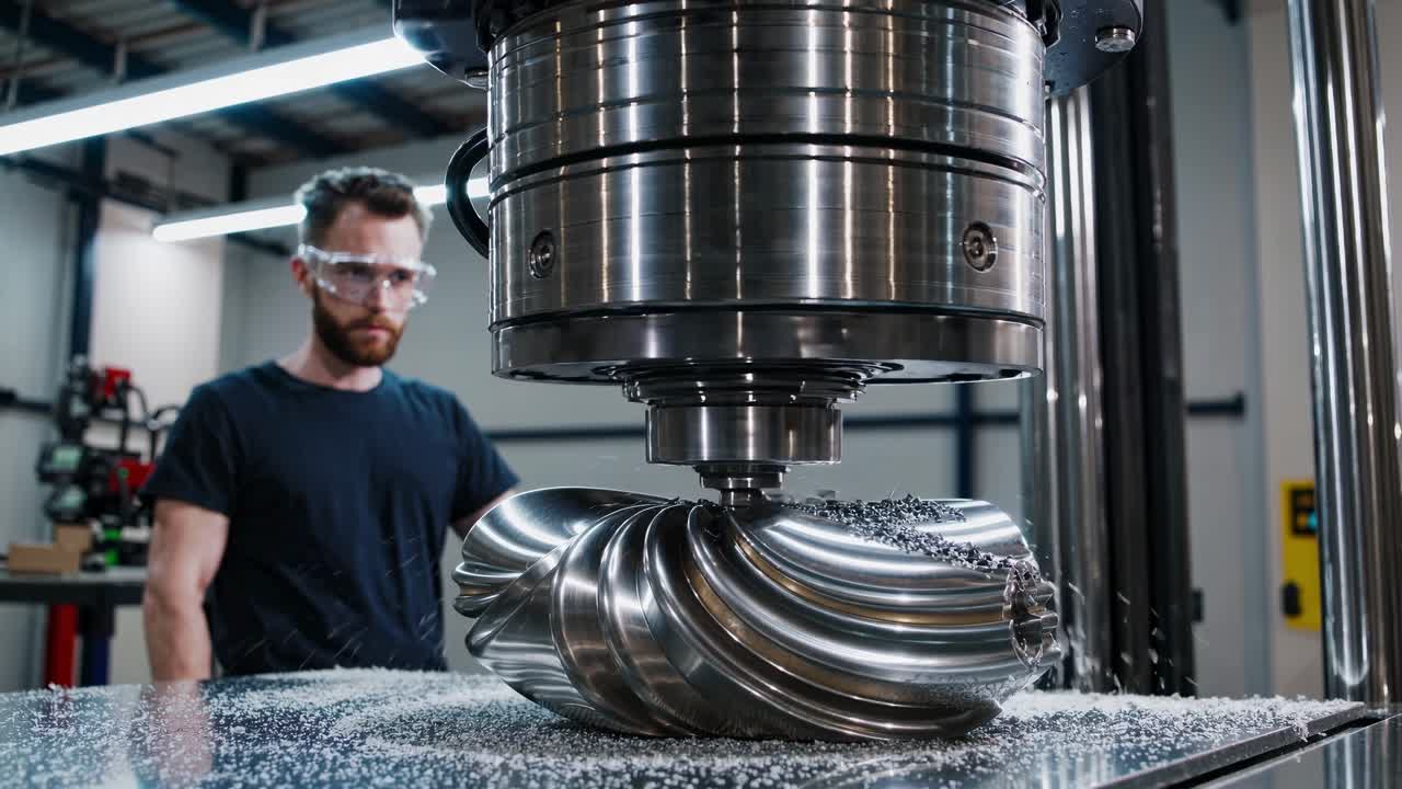 High precision CNC milling machine is shaping a complex metal component, showcasing advanced manufacturing technology in a modern factory setting, with an engineer overseeing the process