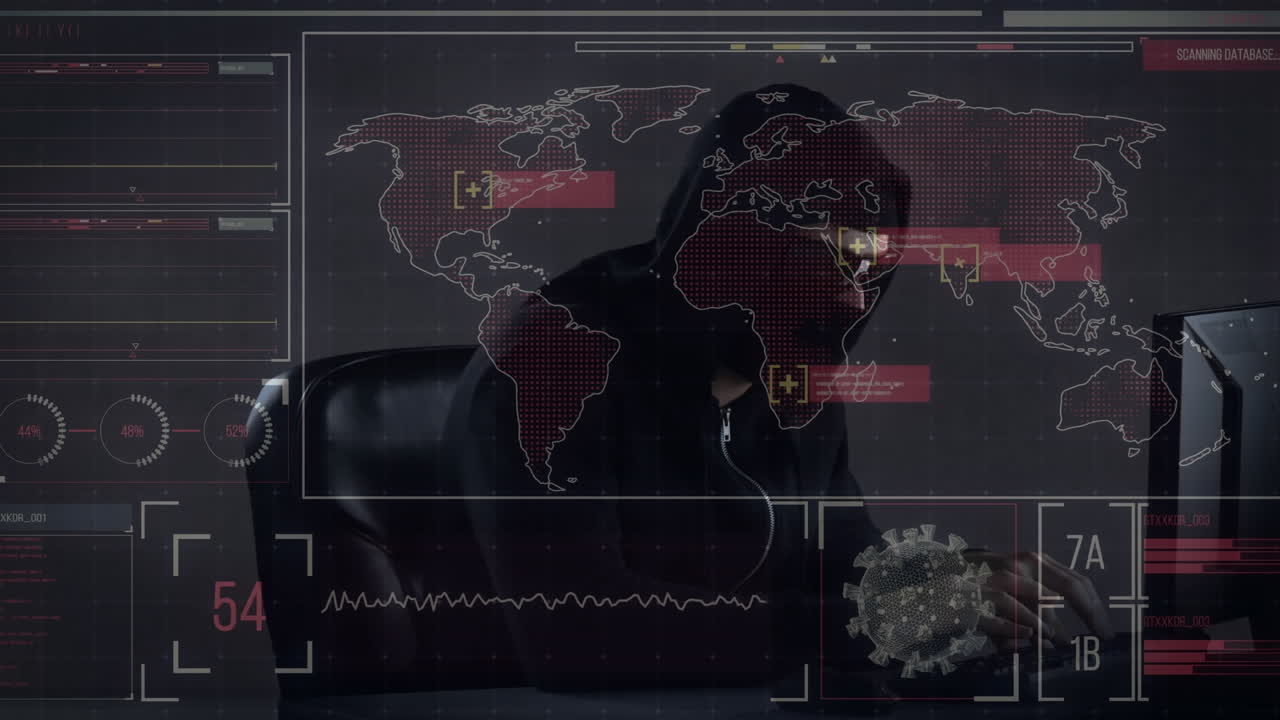 Animation of data processing over hacker with computer