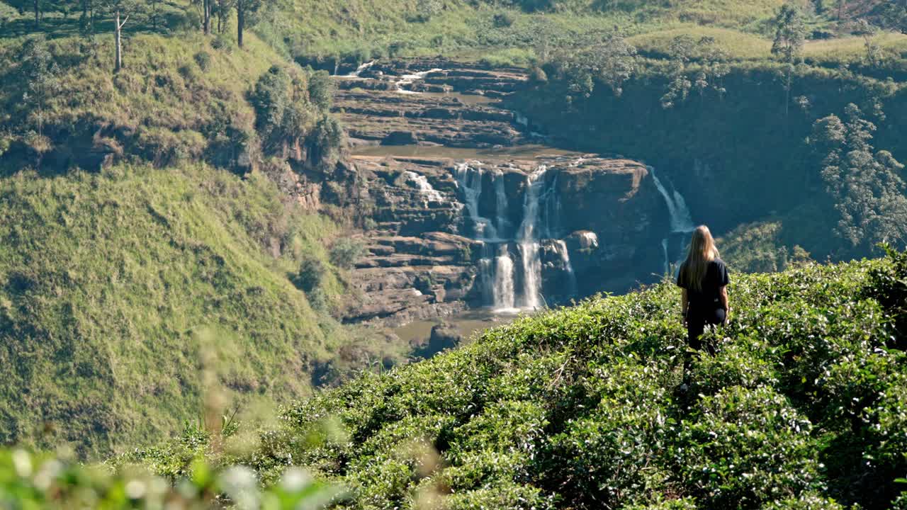 Footage of a woman walking through lush tea plantations at Saint Clair’s Falls in Nuwara Eliya, Sri Lanka.