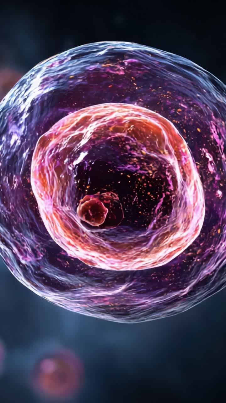 Un affascinante primo piano di una cellula biologica in diverse fasi, che ne evidenzia la struttura complessa e i colori vivaci in una straordinaria visualizzazione.