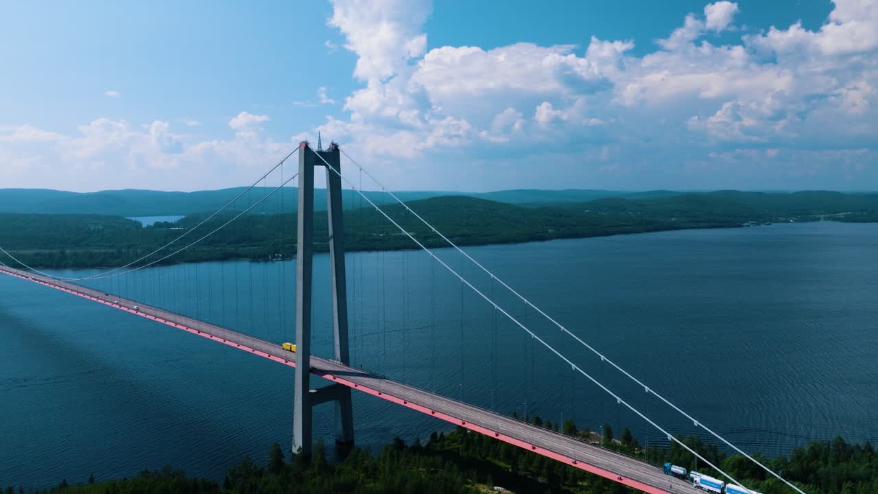 Hoga kusten bridge, high coast bridge, drone, sunny day, sweden