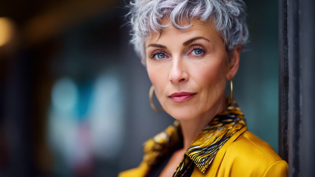 Accattivante primo piano di una donna elegante con capelli corti color argento e un’audace giacca gialla, che irradia sicurezza e fascino in un ambiente urbano moderno