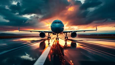 a large jetliner sitting on top of an airport runway at sunset