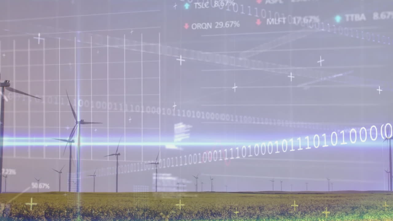 주식 시장의 애니메이션과 풍력 터빈을 사용하여 현장 위의 데이터 처리