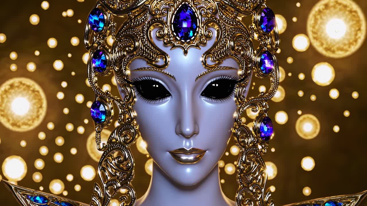 Ethereal cosmic presence, an alien queen with a golden crown and black eyes, is posing against a backdrop of sparkling lights, creating a captivating and otherworldly ambiance