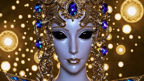 ethereal cosmic presence, an alien queen with a golden crown and black eyes, is posing against a backdrop of sparkling lights, creating a captivating and otherworldly ambiance