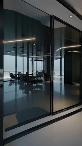 modern office interior with glass partitions and city view