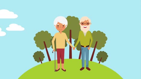 una pareja vieja y linda tomándose de la mano en el parque.