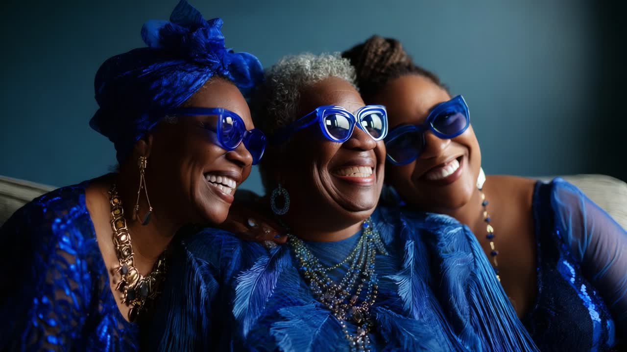 Joyful Celebration of Sisterhood: Three Generations of Women Embrace Their Bonding Moment in Vibrant Blue Outfits and Sunglasses, Capturing Laughter and Love in a Warm Setting