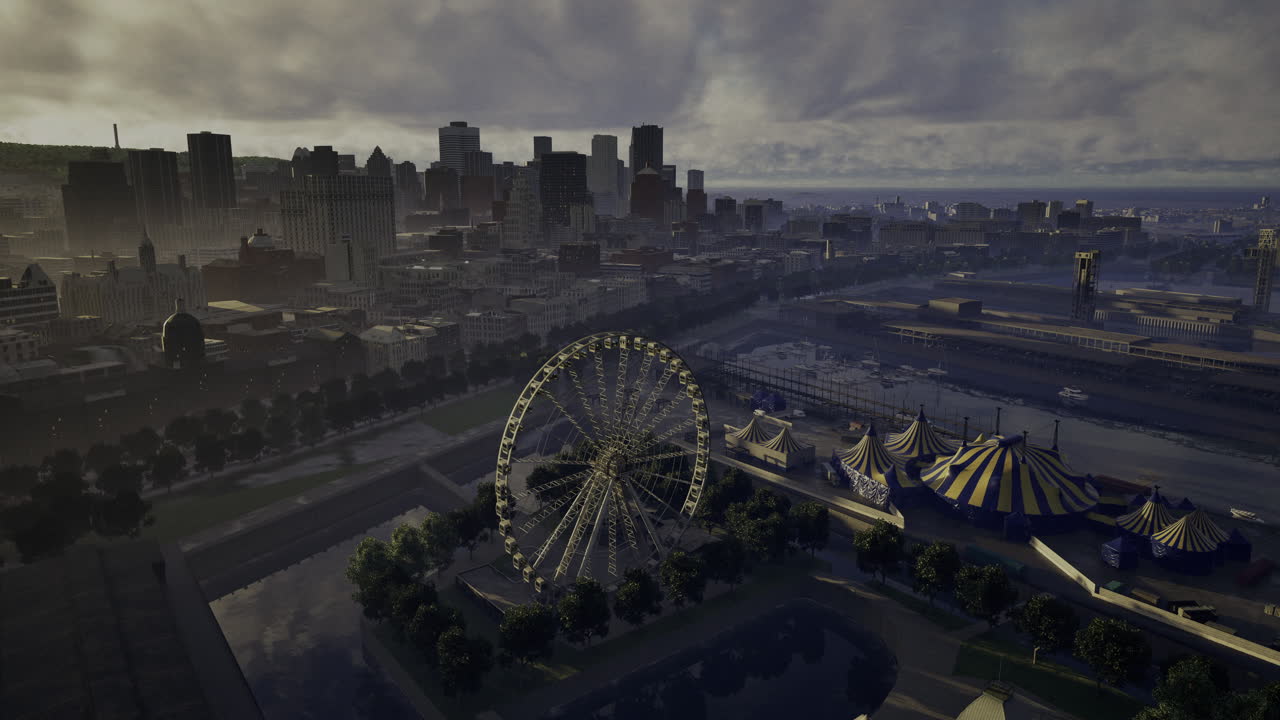 City skyline at dusk with ferris wheel and carnival in foreground