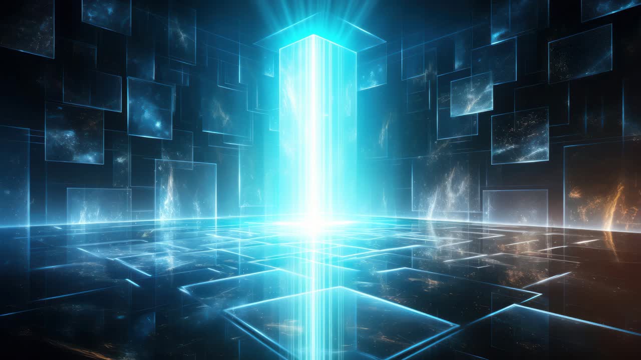 Futuristic digital grid with glowing squares and a central pillar, viewed from a low angle