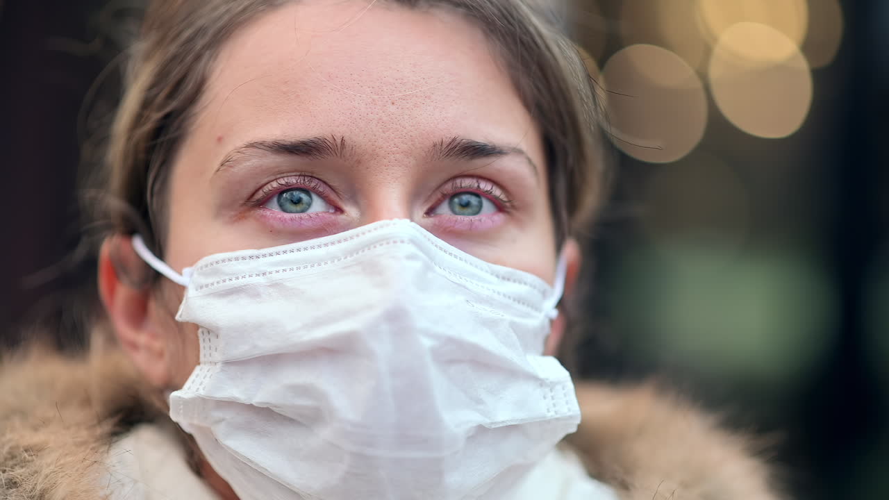 A woman wearing a face mask walks through a bustling street adorned with winter decorations. She showcases her stylish winter coat and scarf while practicing safety measures during the cold season