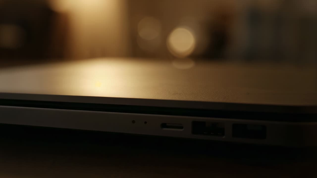 Regolazione della messa a fuoco della fotocamera che riprende un laptop metallico chiuso su un tavolo in una stanza poco illuminata, mostrando le porte laterali.