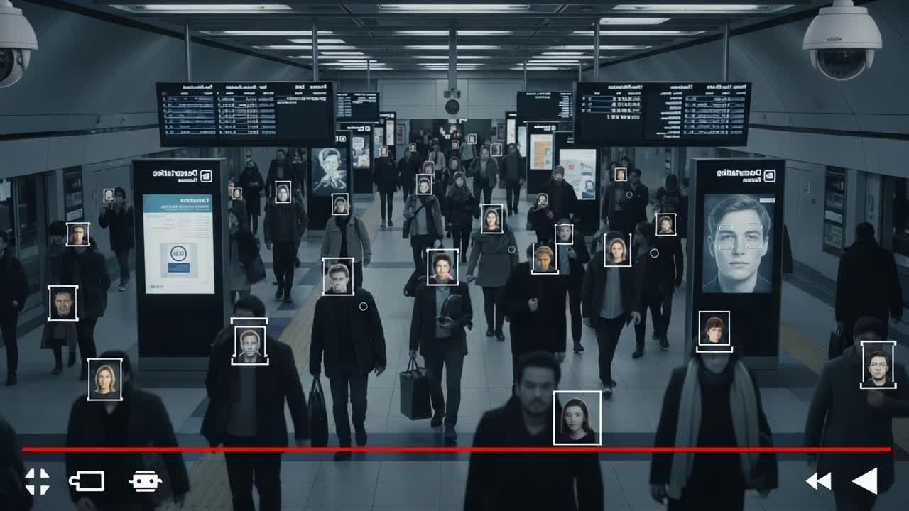 A bustling transit station is illuminated with digital displays, showcasing various individuals, capturing the essence of urban life and technology in everyday commuting scenes