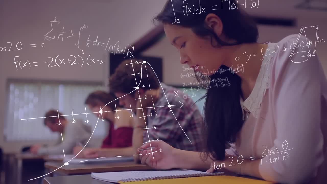 estudiantes que estudian y ecuaciones matemáticas