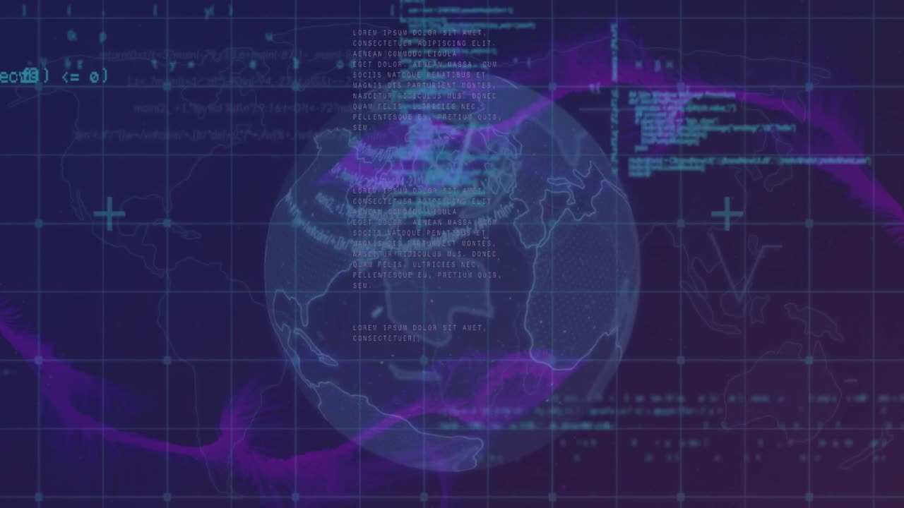 Animation of data processing and globe in navy digital space