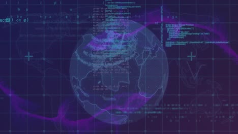 animation of data processing and globe in navy digital space