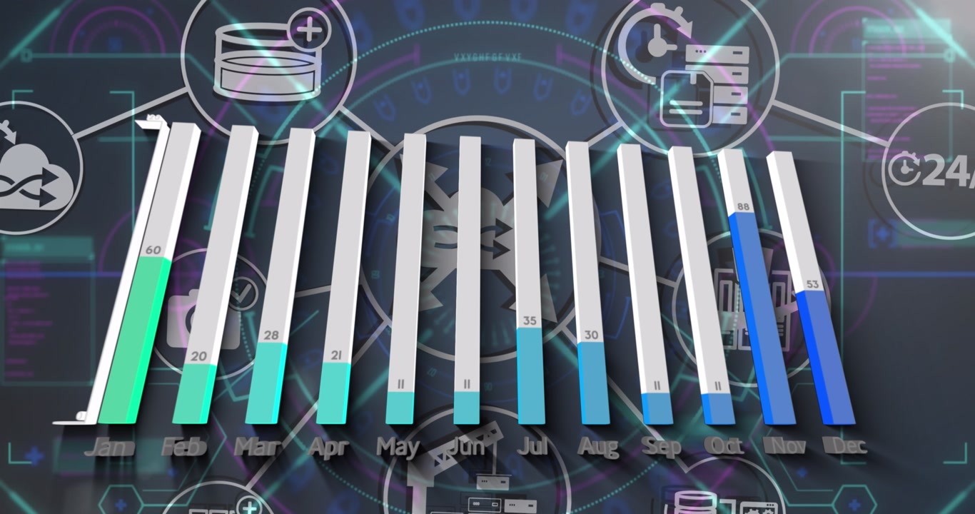 Animation of graphs, icons and lights in black space