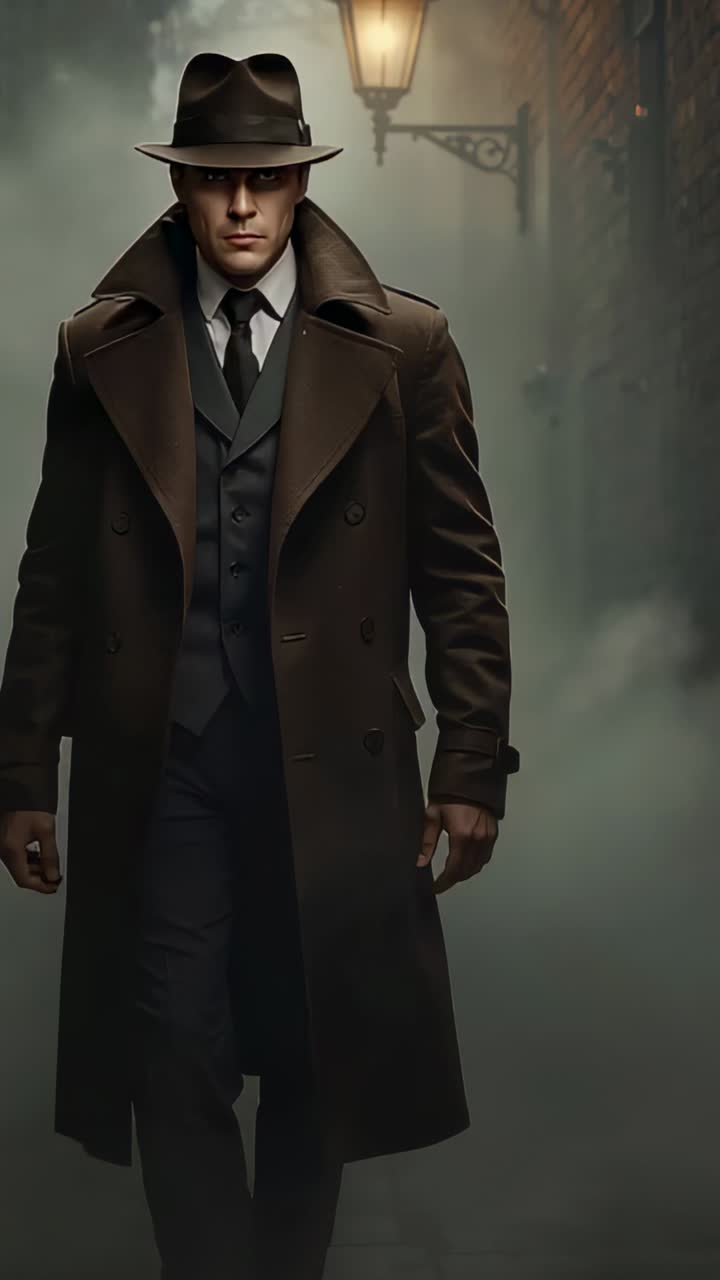 Vertical video: Walking man wearing fedora, trench coat through fog to camera under lamp