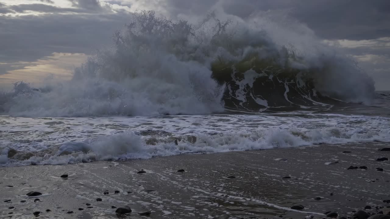 Powerful ocean wave surging against rocky shoreline, revealing dramatic natural energy with massive white spray and dynamic water movement