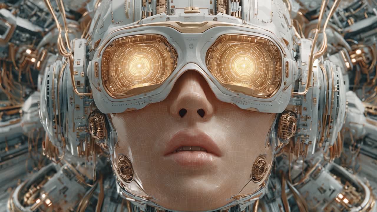 Visione cibernetica futuristica: un primo piano di un volto robotico altamente avanzato con occhi luminosi circondato da macchinari complessi e design intricati