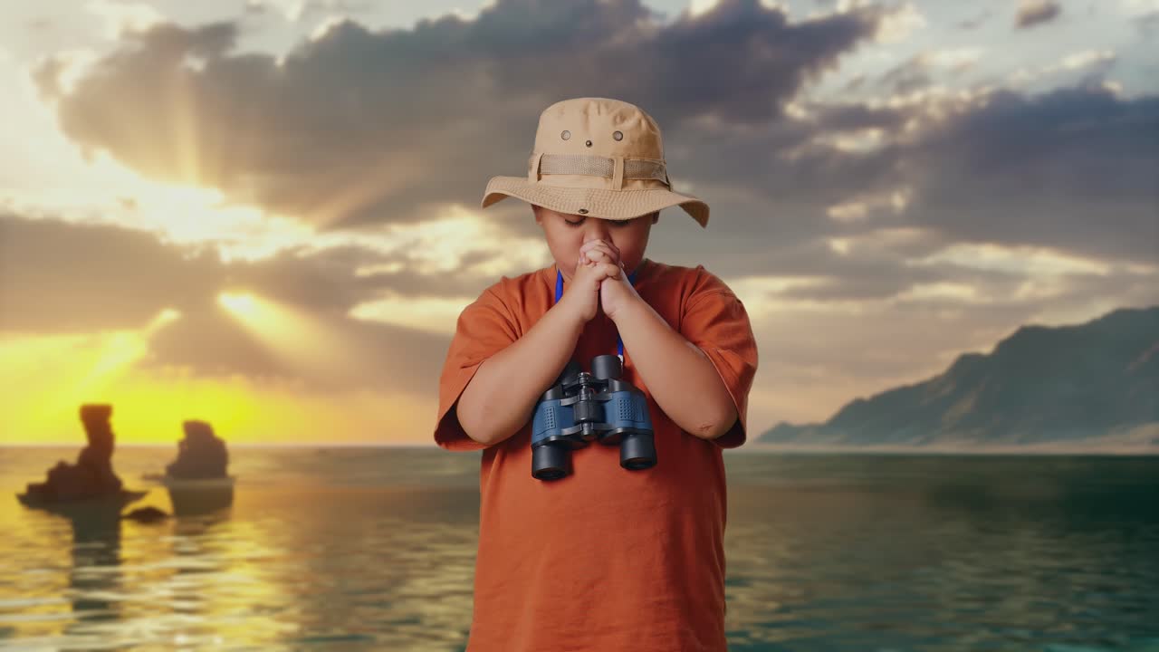Asian Boy With A Hat And Binoculars Praying For Something on Beach. Boy Researcher Examines Something, Travel Tourism Adventure Concept