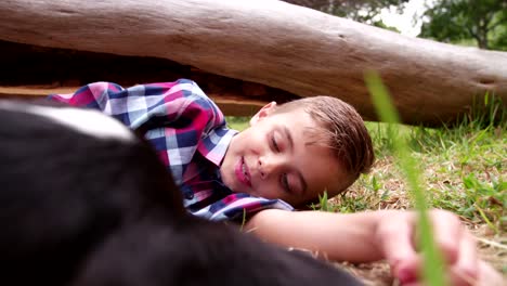 little child playing with puppy in grass field