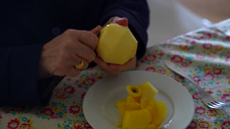 Mano-De-Anciana-Quitando-Semillas-De-Manzana,-Alimentación-Saludable