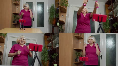 Old-senior-grandmother-woman-doing-workout-with-dumbbells,-training,-fitness,-sport-activity-at-home