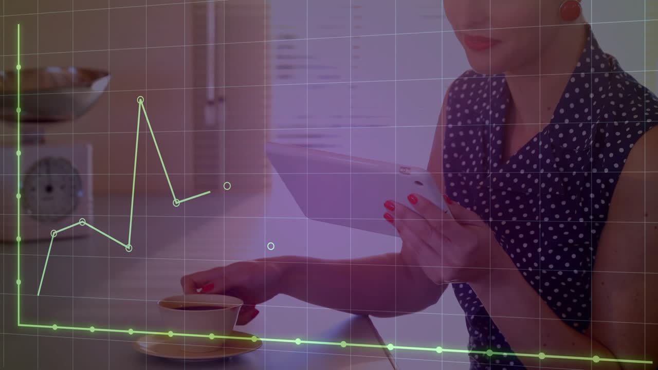 Upon graph appearing woman reaching cup sipping and reviewing doc for monitoring in kitchen tech