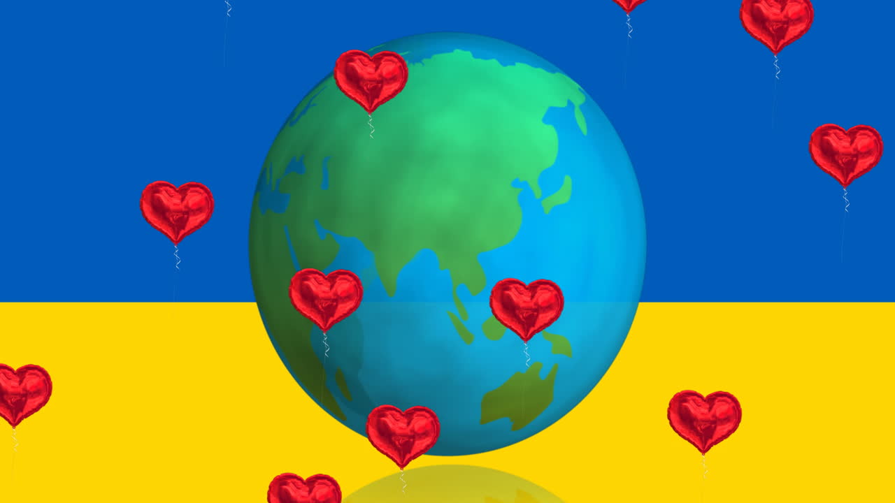 ウクライナの国旗の上に重なるハートと地球儀のアニメーション