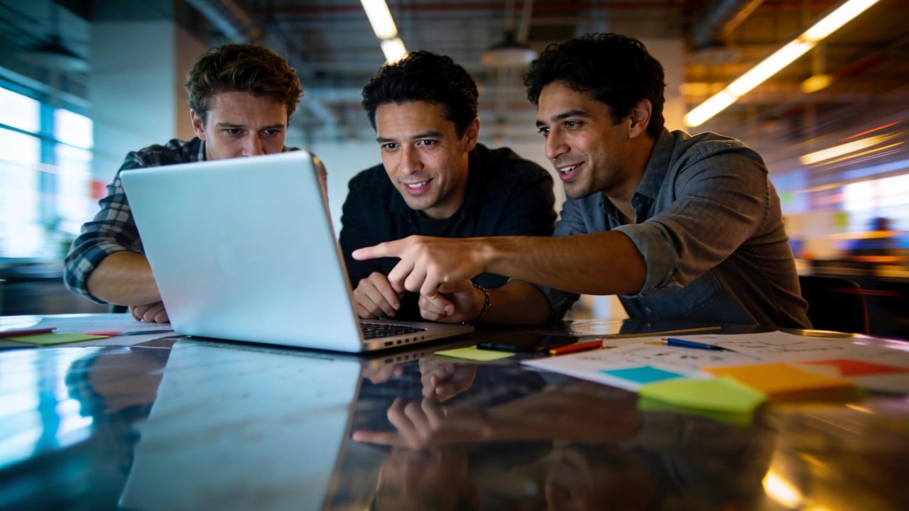 Leaning three coworkers working on task on laptop in office wearing shirts pointing at sticky notes