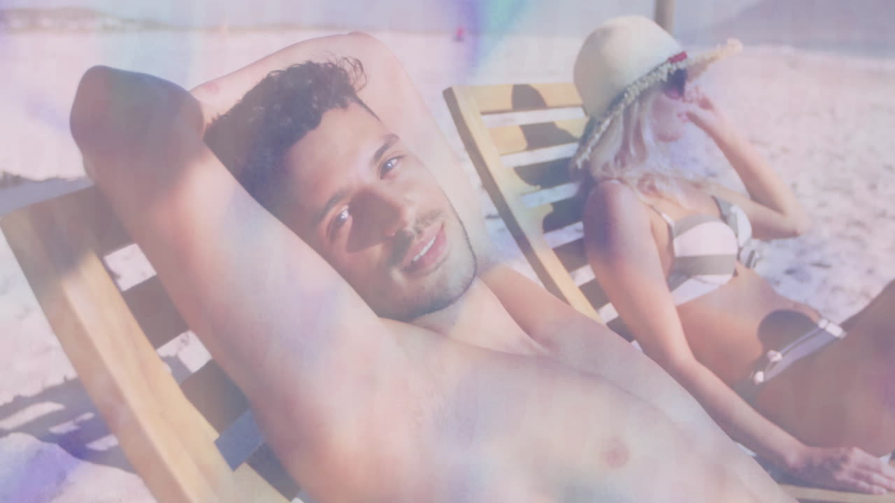 Relaxing on beach chairs, man and woman enjoying animation under sunny sky