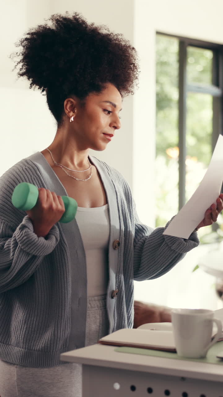 Woman Multi-tasking with Dumbbell and Documents at Home