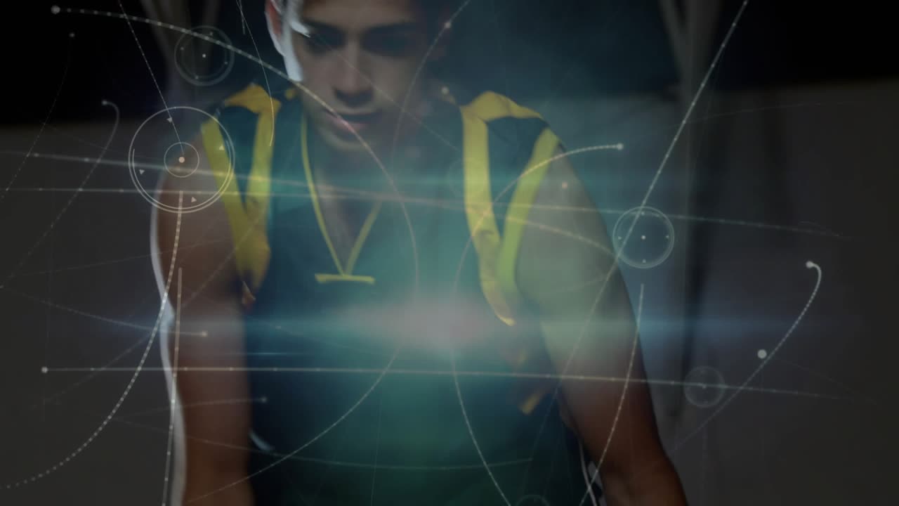 Basketball player practicing dribble with ball dropping, camera rising, overlays moving over player