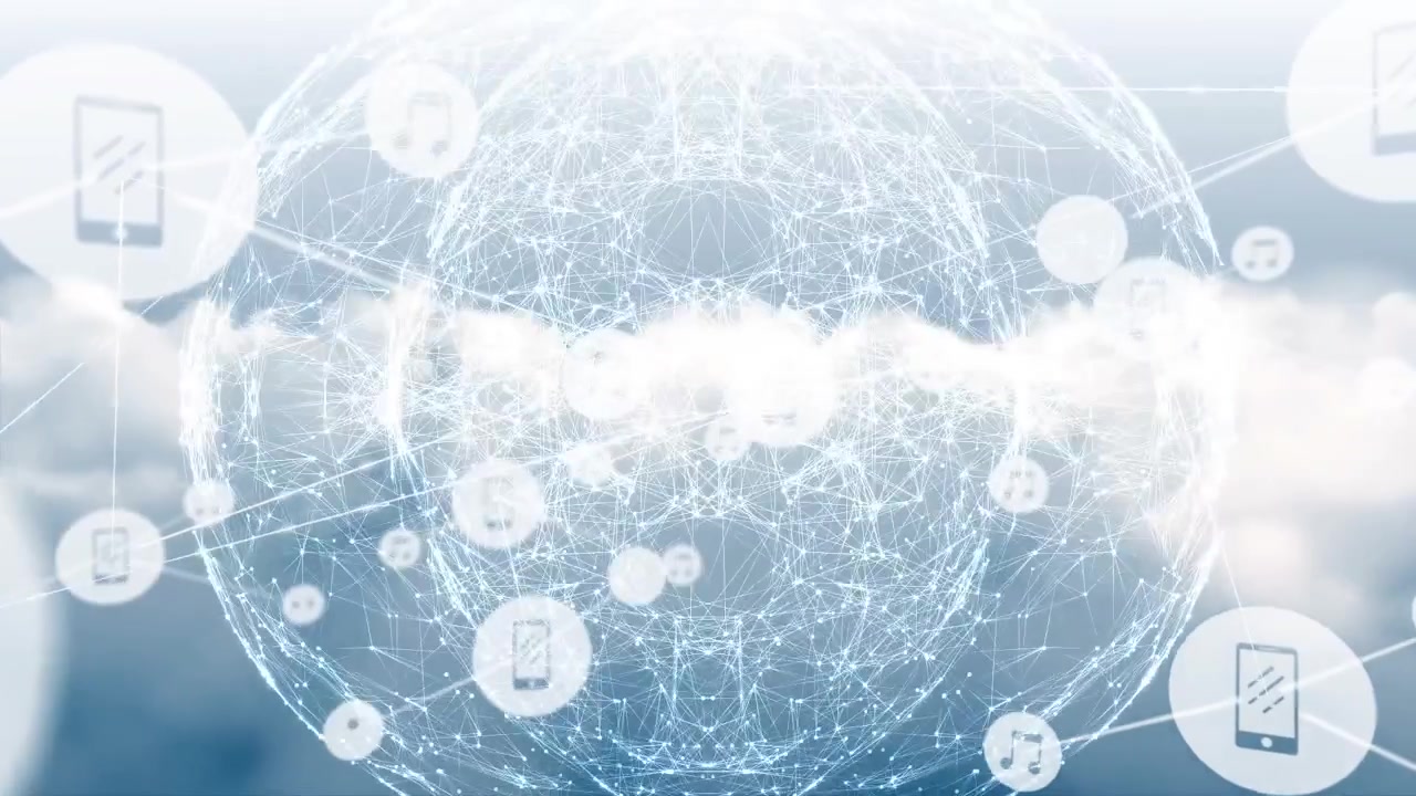 Animation of network of connections with icons on cloudy sky in background