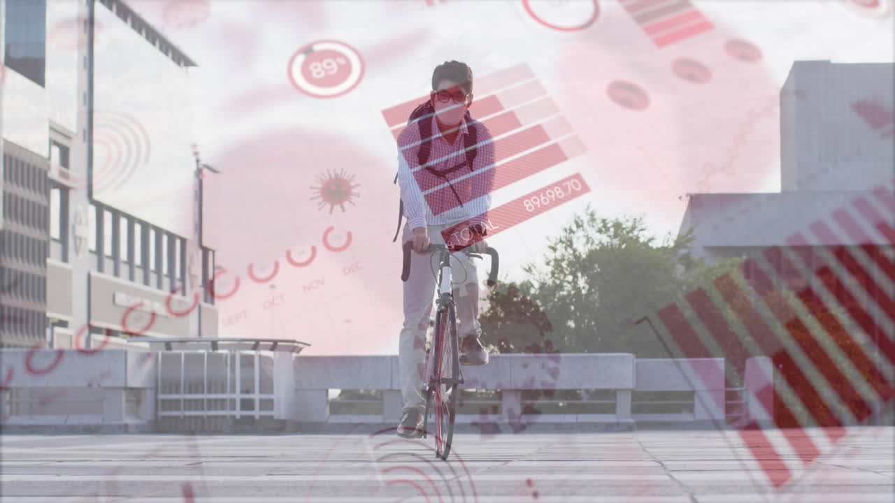 Animation of covid 19 cells and data over woman in face mask riding a bicycle in city doctor
