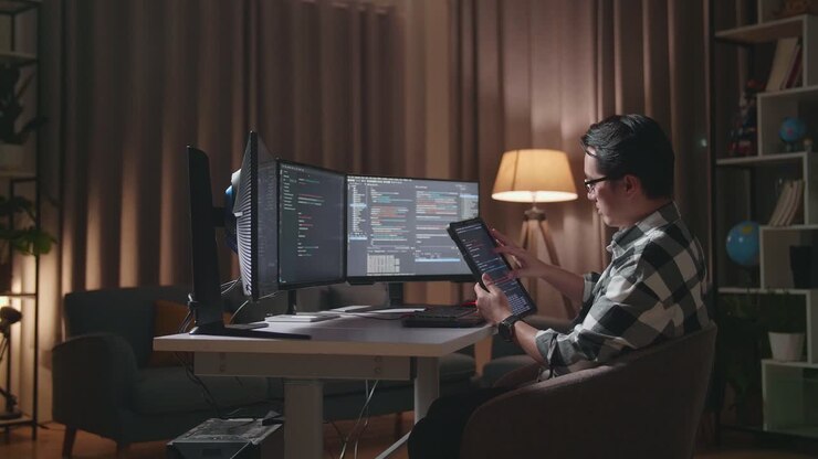 Programmer working late at night in home office