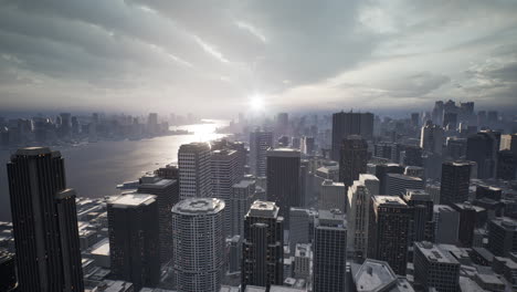 skyline aerial view at sunset with skyscrapers