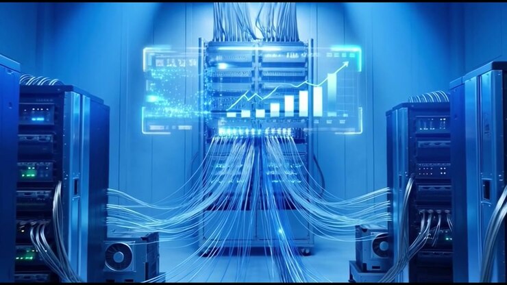 Modern Data Center Server Room with Glowing Digital Analytics