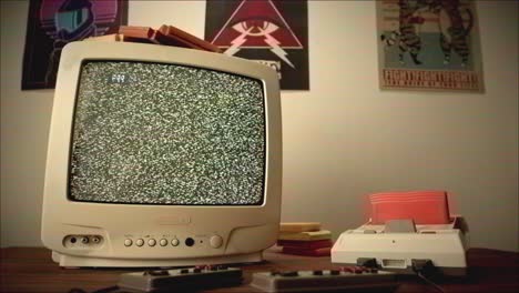 retro gaming setup with static tv